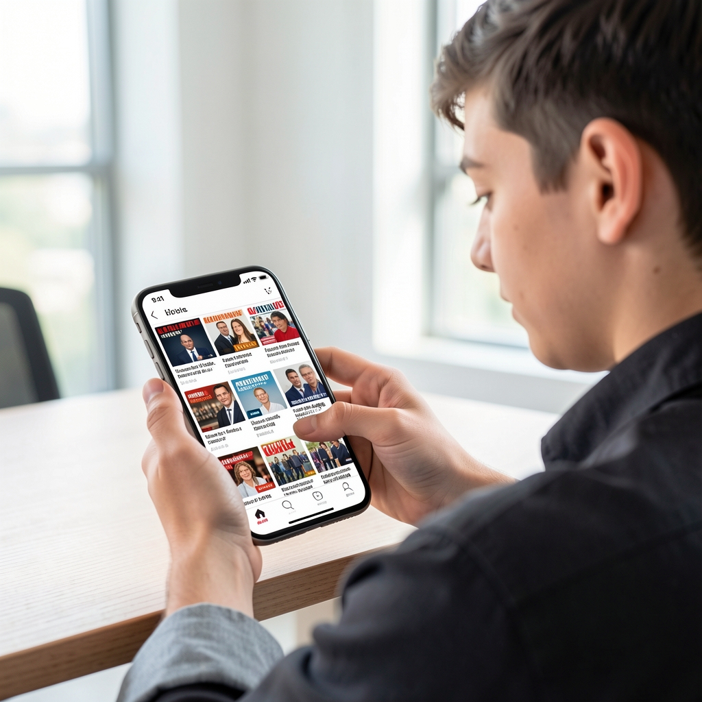 Fiatal személy mobilon olvassa a híreket egy közösségi média hírfolyamán, a képernyőn különböző újságcímek láthatók