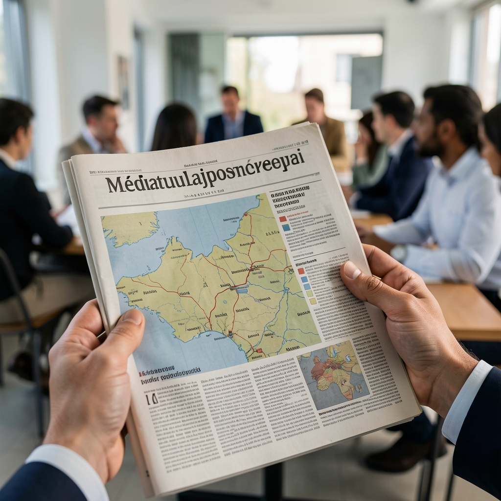 Médiatulajdonosi térkép vizualizáció, nyomtatott újság kézben, a háttérben több médialogó látható