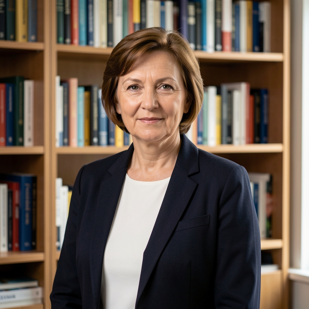 Dr. Kovács Mária médiakutató portréfotó, középkorú nő komoly arckifejezéssel, professzionális irodai háttérrel
