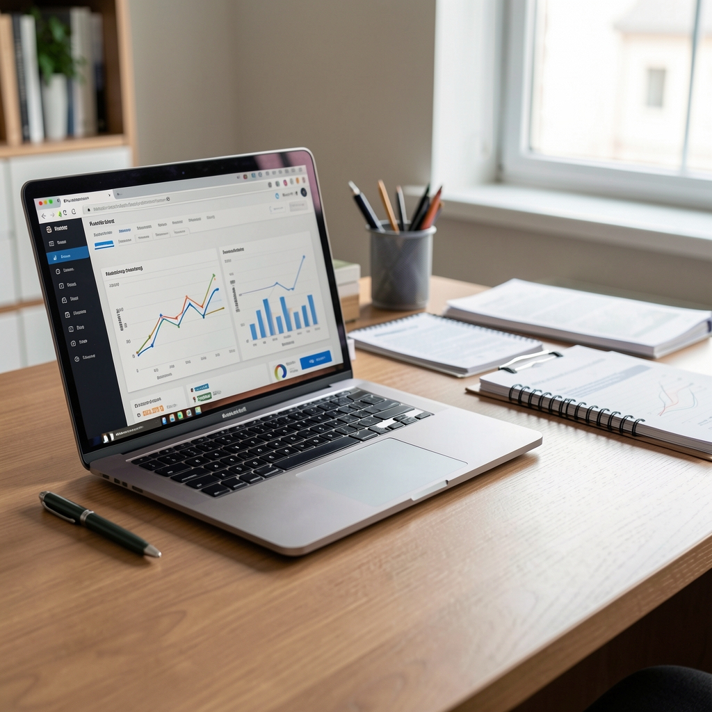 Kutató médiaelemzési adatokat tanulmányoz, asztalon laptopon statisztikai grafikonok és médiamonitoring riportok láthatók
